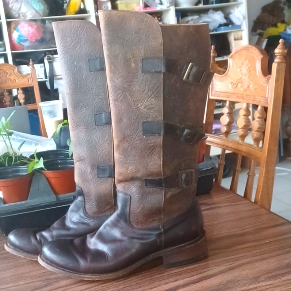 JB Dillon Boots Tooled Leather Knee High, Buckle, 12B